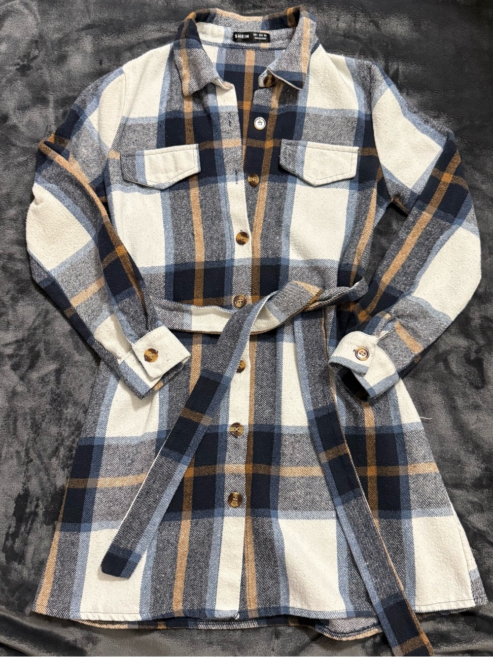 SHEIN Cream, Navy & Brown Plaid Belted Shirt Jacket